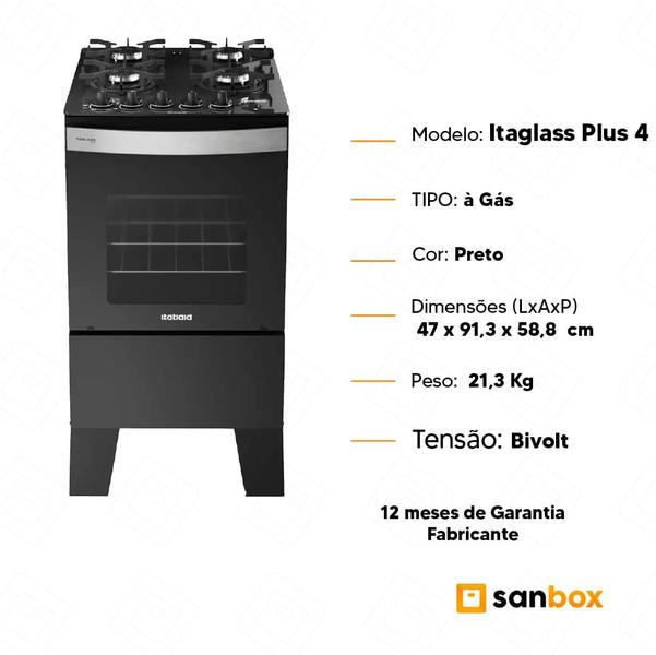 Imagem de Fogão à Gás Itatiaia Itaglass Plus 4 Bocas Forno 48 litros Pto-Bivolt