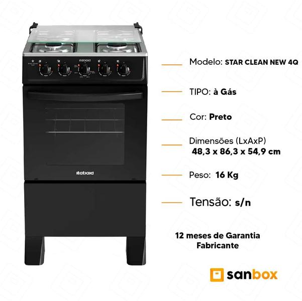 Imagem de Fogão à Gás Itatiaia Star Clean New 4 Bocas Mesa Inox Forno 48L-Preto