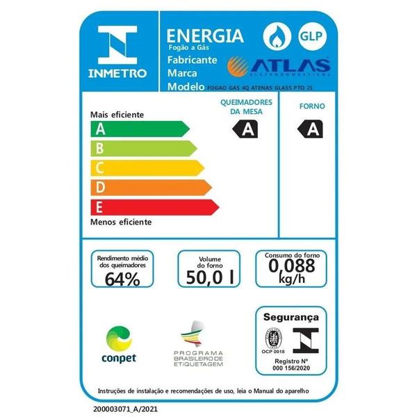 Imagem de Fogão Atlas 4 Bocas preto Atenas Glass com Acendimento automático - Bivolt