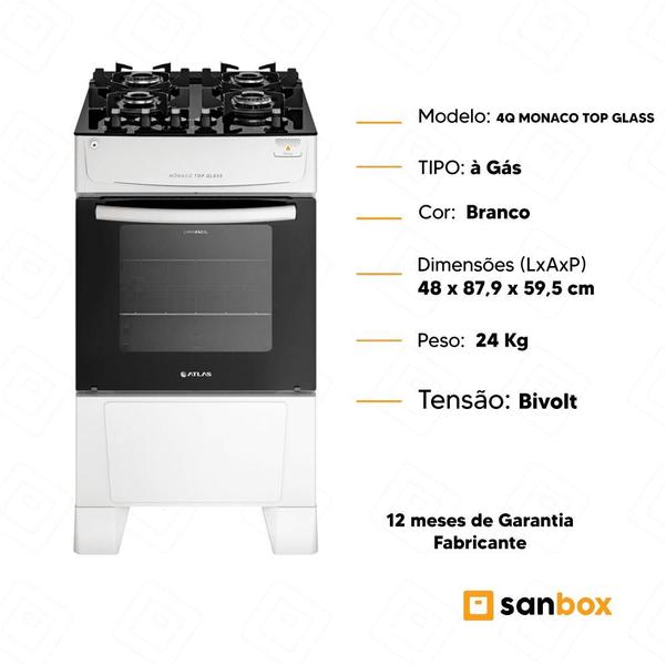 Imagem de Fogão Atlas Mônaco Top Glass 4 B Mesa Vidro Acendimeto Automatico-BCO