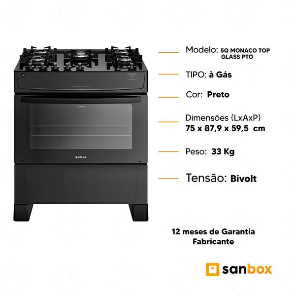 Imagem de Fogão Atlas Mônaco Top Glass 5 Bocas com Mesa de Vidro Bivolt-Preto 