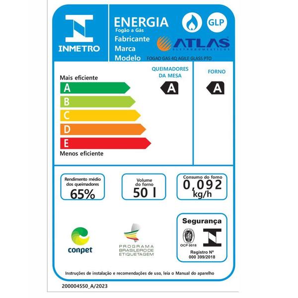 Imagem de Fogão Atlas New Agile UP Glass com mesa de vidro 4 bocas preto Bivolt