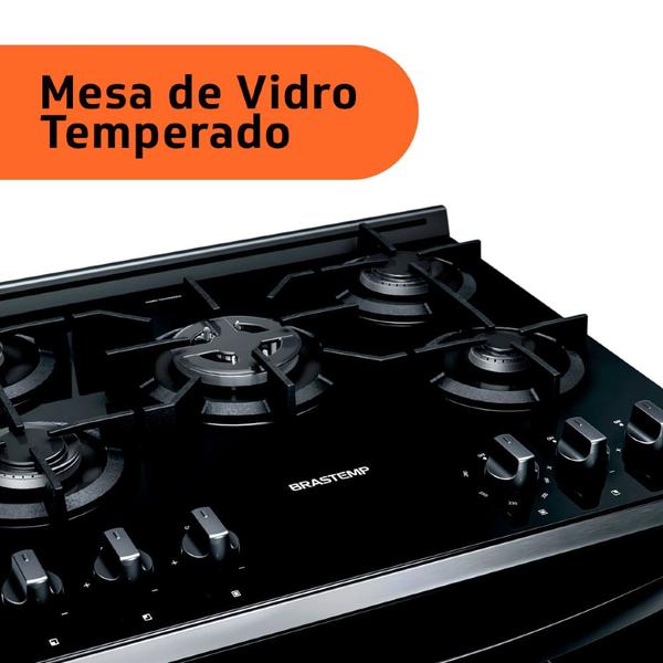 Imagem de Fogão Brastemp 5 Bocas Preto Com Mesa de Vidro e Turbo Chama - BFS5VCE