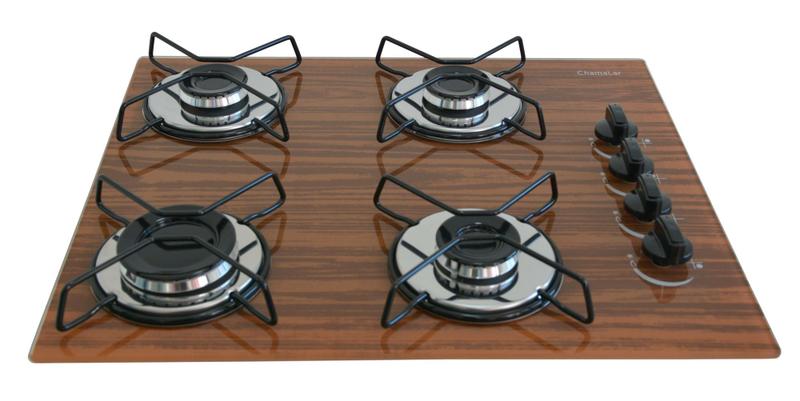 Imagem de Fogão Cooktop À Gás 4 Bocas ChamaLar AMADEIRADO ESCURO Ultra Chama Vidro Bivolt