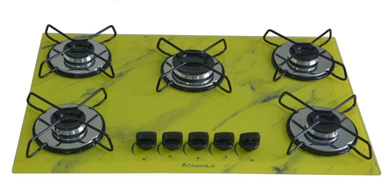 Imagem de Fogão Cooktop À Gás 5 Bocas ChamaLar  AMARELO Ultra Chama Vidro Bivolt