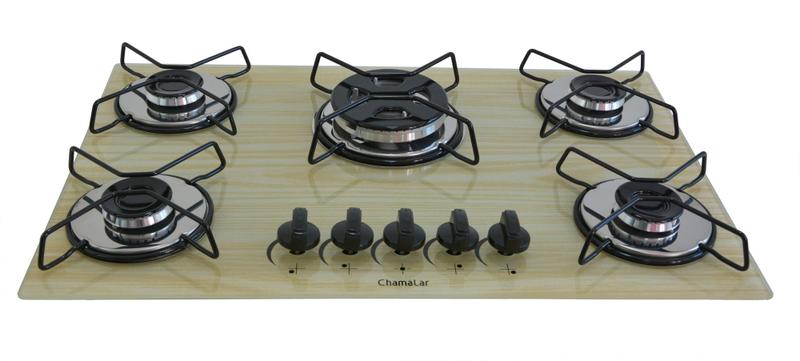 Imagem de Fogão Cooktop À Gás 5 Bocas Chamalar CO-Tripla Chama Vidro Bivolt