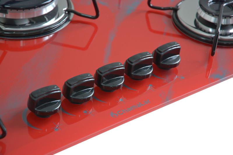 Imagem de Fogão Cooktop À Gás 5 Bocas ChamaLar MARMORIZADO VERMELHO Tripla Chama Vidro Bivolt