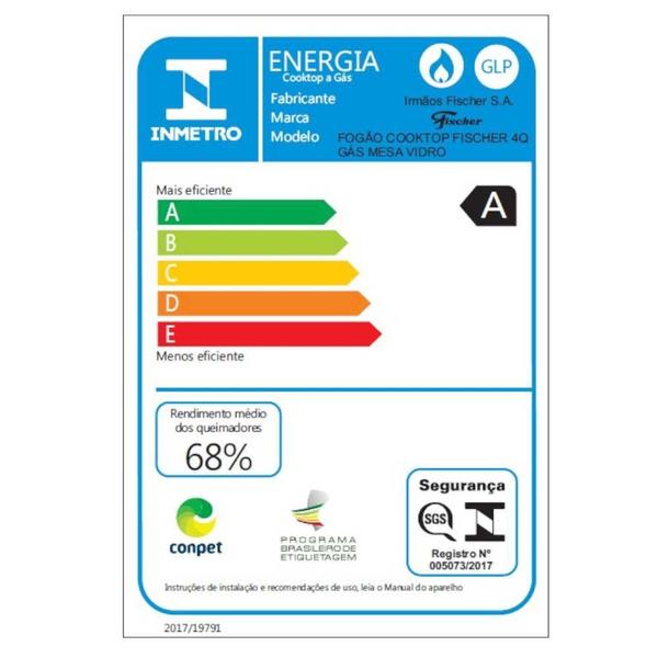 Imagem de Fogão Cooktop a Gás Fischer 1519-5713 4 Bocas Mesa Vidro Temperado Superautomático Bivolt