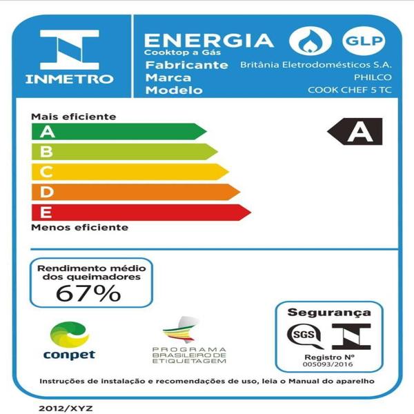 Imagem de Fogão Cooktop a Gás Philco Chef 5 TC 5 Bocas Mesa Vidro Temperado Acendimento Automático Bivolt