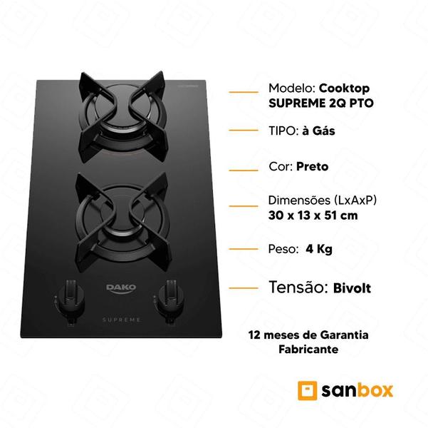 Imagem de Fogão Cooktop à Gás Supreme Dako 2 Bocas com Mesa Vidro Bivolt-Preto