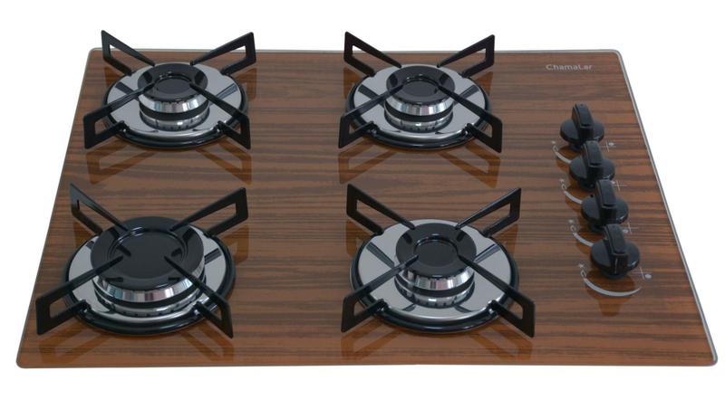 Imagem de Fogão Cooktop Chamalar Premium 4 Bocas Ultra Chama Amadeirado Escuro Bivolt GLP