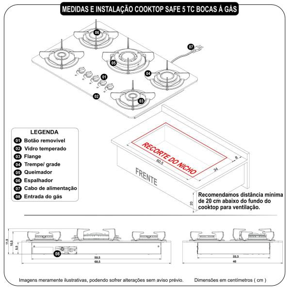 Imagem de Fogão Cooktop Elétrico 5 Bocas Inox Tripla Chama Mesa Em Vidro Safe Fogatti