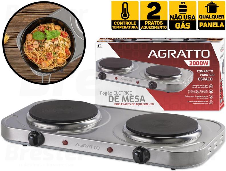 Imagem de Fogão Cooktop Elétrico Inox 2 Bocas De Mesa Portátil Agratto