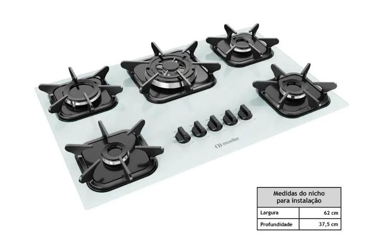 Imagem de Fogão Cooktop Elétrico Mueller 5 Bocas À Gás Tripla Chama Bivolt Mesa em Vidro