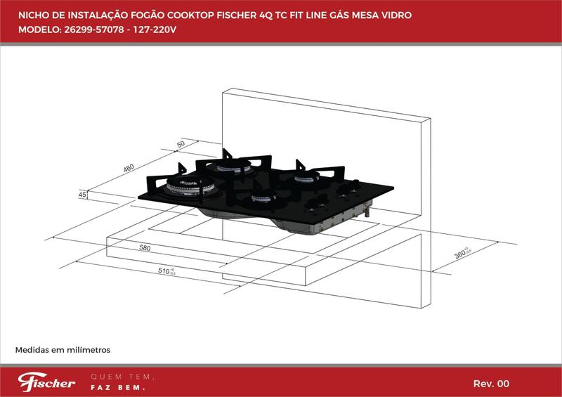 Imagem de Fogao cooktop fischer 4 bocas tripla chama fit line gas vidro preto