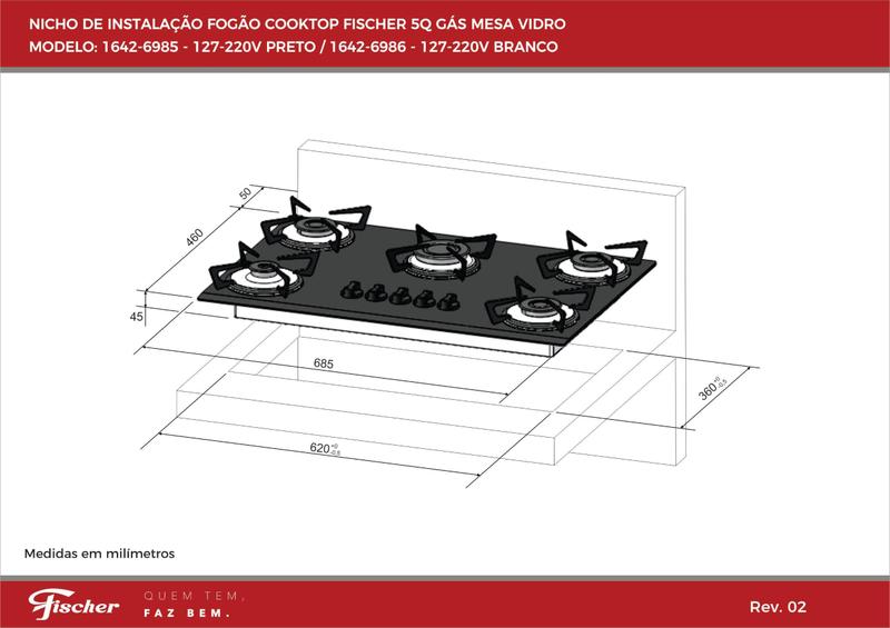 Imagem de Fogao cooktop fischer 5 bocas gas vidro branco 1642.6986