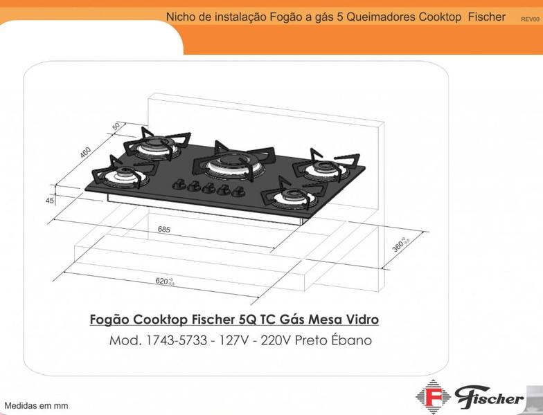 Imagem de Fogão Cooktop Fischer 5Q Gás Tripla Chama Mesa Vidro 1743