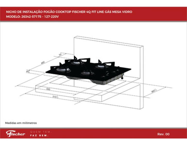 Imagem de Fogão Cooktop Gás Fischer Fit Line Preto 4 Bocas (26342-57175) Bivolt