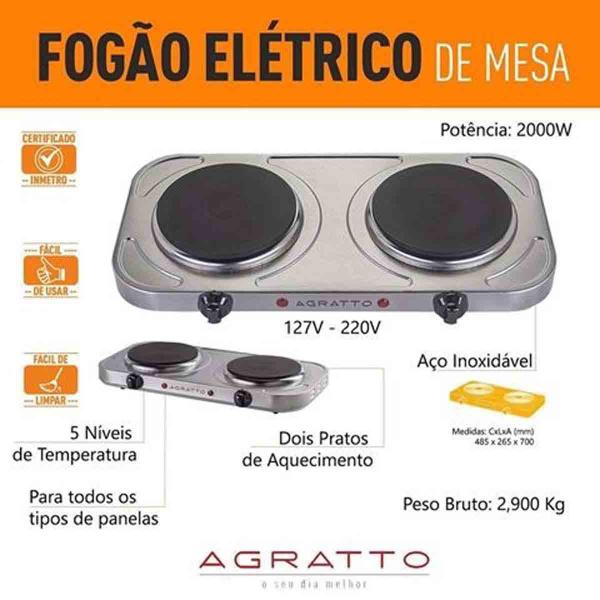 Imagem de Fogão Elétrico De Mesa Agratto 2 Pratos Inox Portátil 220v