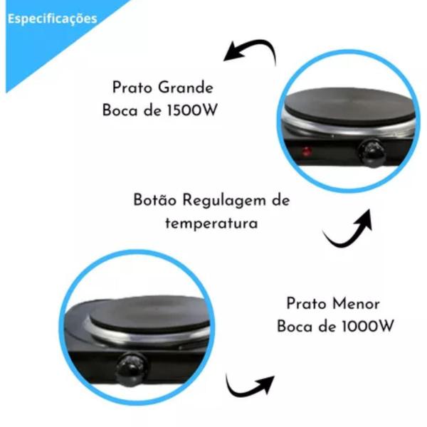 Imagem de Fogão Elétrico De Mesa C/ Tomada 2 Bocas Pratos Preto 2500W