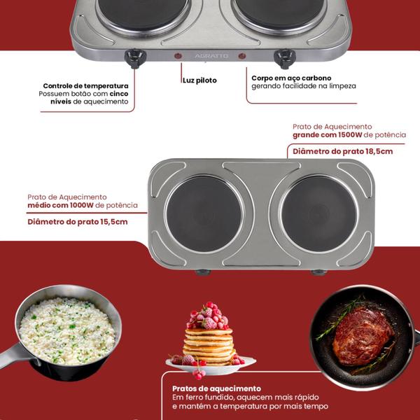 Imagem de Fogão Elétrico de Mesa Prata Fm-01 127v 2000w Dois Pratos - Agratto