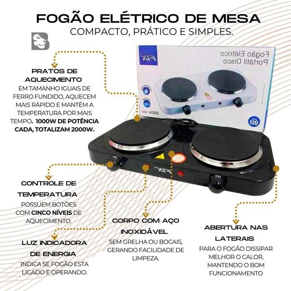 Imagem de Fogão Fogareiro Portátil Elétrico 2.000W Cooktop 2 Bocas Disco Camping Acampamento - 110 ou 220v