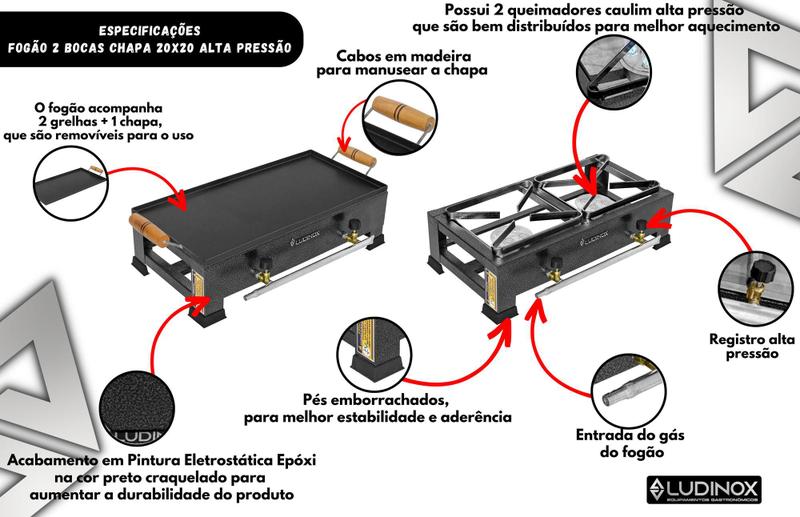 Imagem de Fogão Industrial 2 Bocas 20x20 Alta Pressão De Mesa Com Chapa