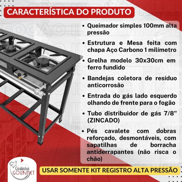 Imagem de Fogão Industrial 3 Bocas Fundido Alta Pressão 30x30 Cozinha Gourmet