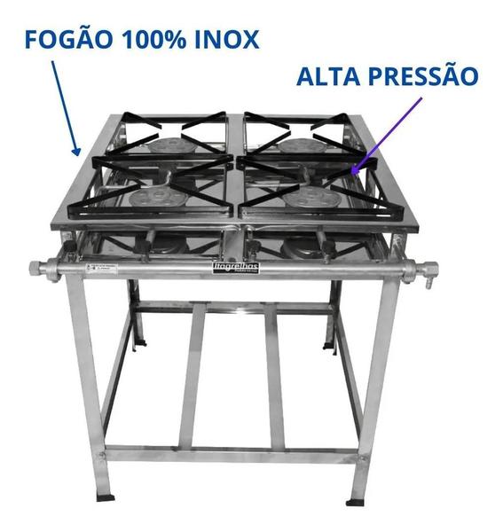 Imagem de Fogão Industrial 4 Bocas  Alta Pressão Aço Inox Grelhas 30x30 Com Kit Gás Incluso