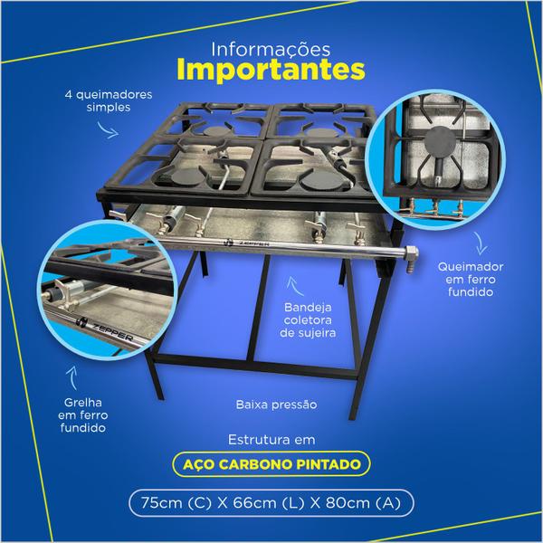 Imagem de Fogão Industrial 4 Bocas Baixa pressão ZPFG04S  A Gas Zepper