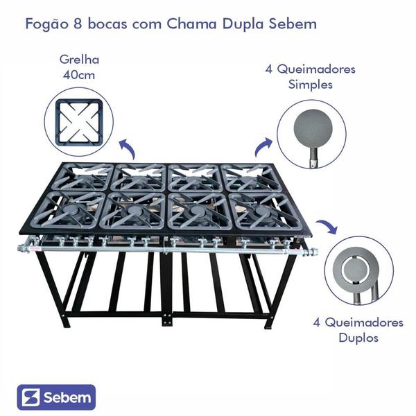 Imagem de Fogão Industrial Profissional 8 Bocas Queimadores Duplos Ferro Fundido Sebem