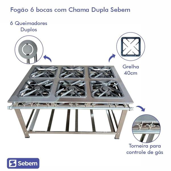 Imagem de Fogão Industrial Profissional Inox Grande Alta Potencia 6 Bocas Queimadores Duplos Ferro Fundido Sebem