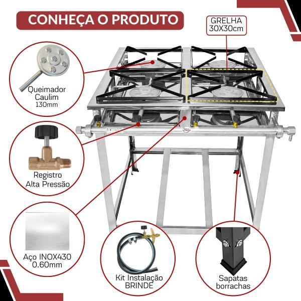 Imagem de Fogão Industrial Total Inox 4 Bocas Caulim Alta Pressão 30x30 Cozinha Gourmet