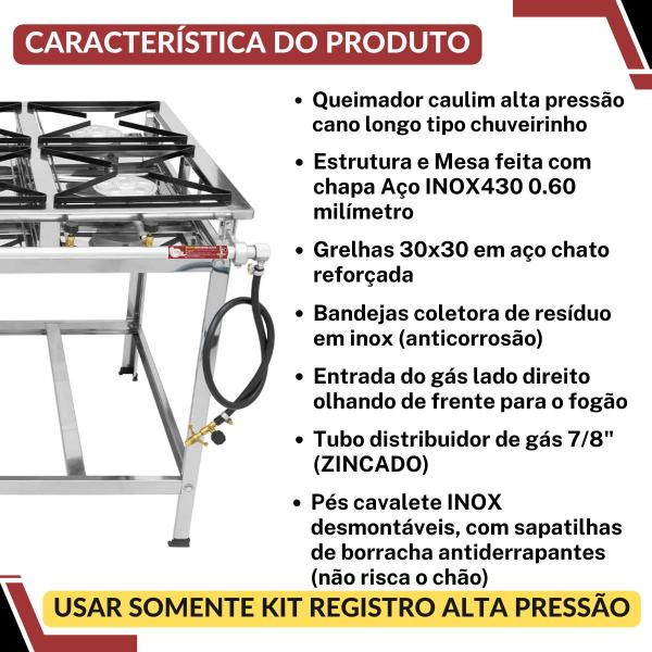 Imagem de Fogão Industrial Total Inox 6 Bocas Caulim Alta Pressão 30x30 Cozinha Gourmet