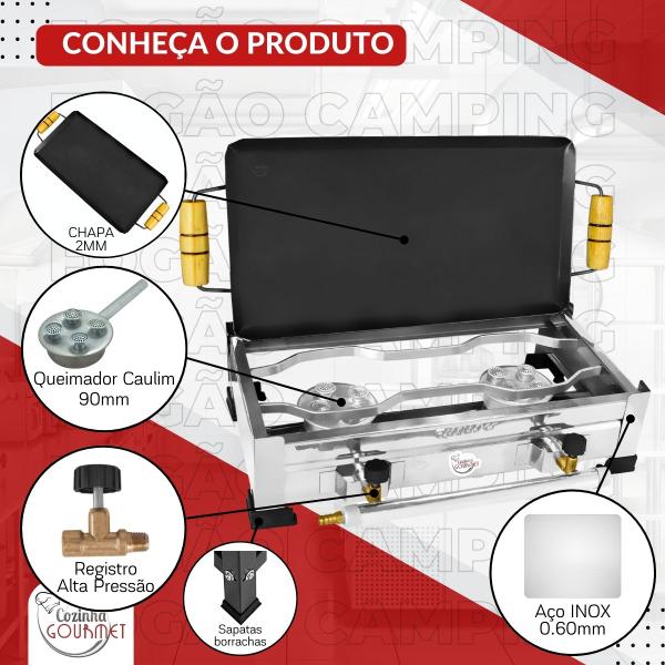 Imagem de Fogão Inox Industrial Com Chapa 2 Bocas Camping Alta Pressão Caminhoneiro