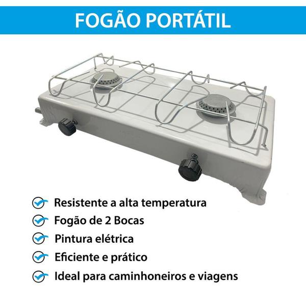 Imagem de Fogão portátil Camping Duas Bocas Gás  Fogareiro Caminhoneiro Viagem Acampamento Pes Branco  - Jolly