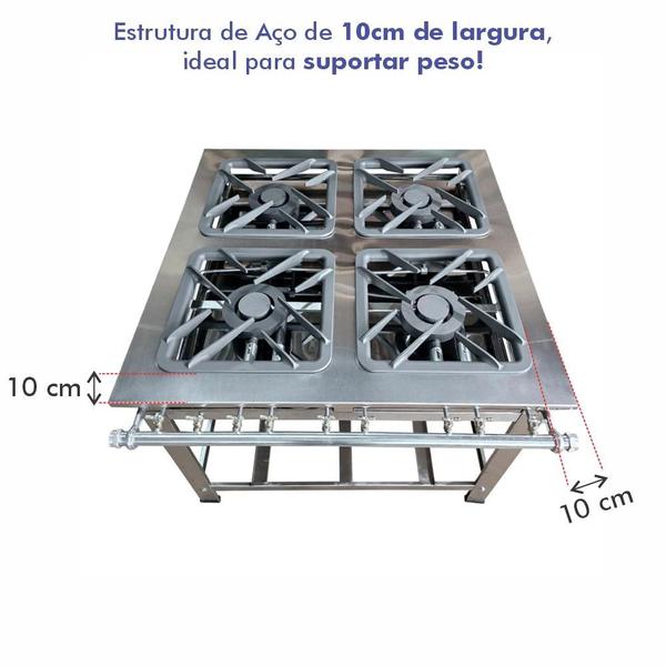 Imagem de Fogão Profissional Industrial Inox 4 Bocas com Chama Dupla Grelhas de 40x40 para Panelas Grandes Sebem