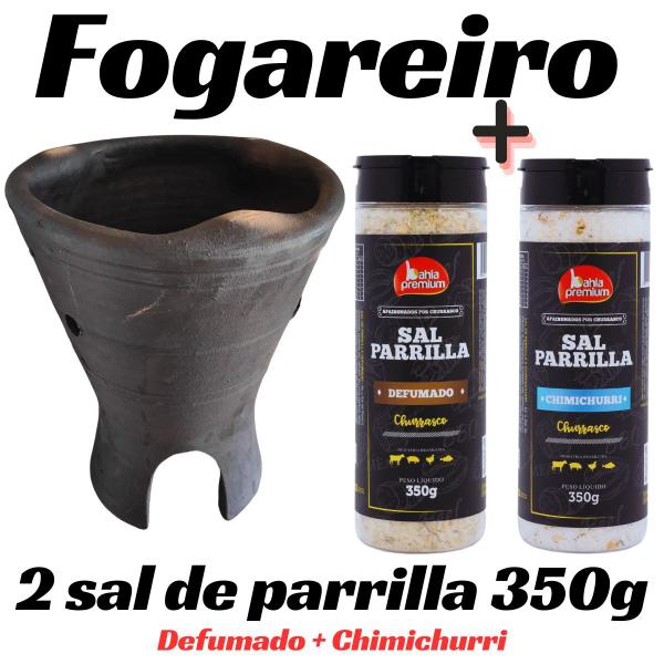 Imagem de Fogareiro Barro Cerâmica Grande Preto Cinza Rústico Carvão Lenha Álcool + 2 Sal de Parrilla Chimichurri e Defumado 350g