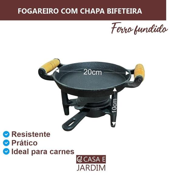 Imagem de Fogareiro Ferro Rechaud Com Chapa Bifeteira Porção 20Cm Rig