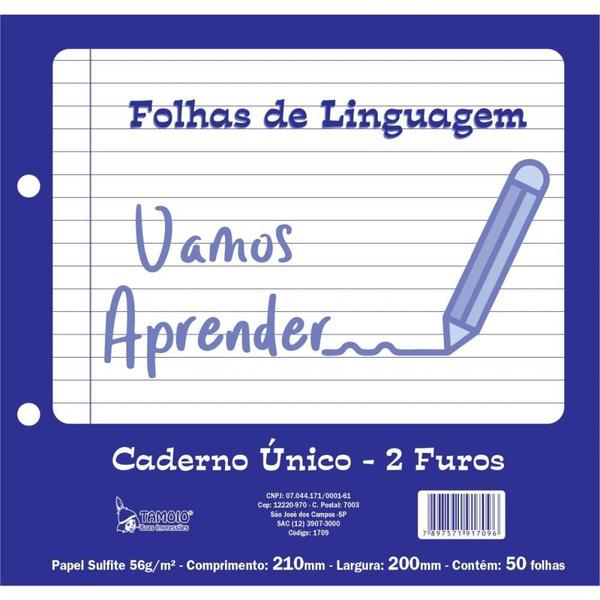 Imagem de Folha 2 Furos Linguagem para Caderno único - 50 Folhas - Pacote com 5 Unidades