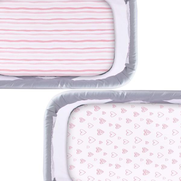 Imagem de Folhas de bassinet compatíveis com MiClassic 2in1 Stationary&Rock Bassinet, (2 Pack), 100% Jersey Knit Cotton Fitted Sheets, Mild Pink Stripes e Hearts Print for Baby Girls