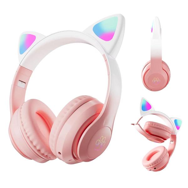 Imagem de Fone Bluetooth Infantil Gatinho LED Rosa Sem Fio