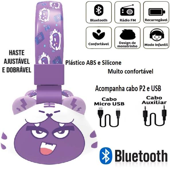 Imagem de Fone Bluetooth Infantil Roxo Headset Sem Fio Orelhas