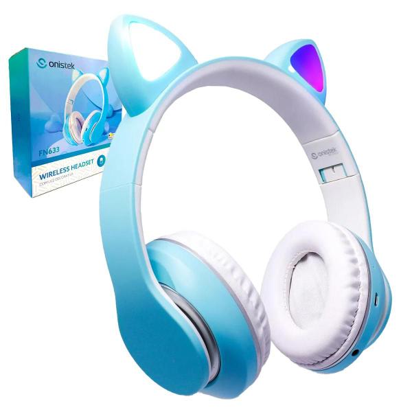 Imagem de Fone De Ouvido Bluetooth Gatinho Cartão Micro Rgb Azul