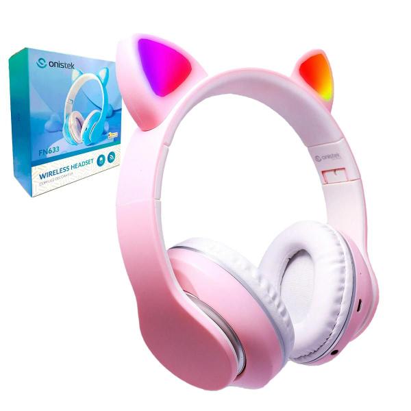 Imagem de Fone De Ouvido Bluetooth Gatinho Cartão Micro Rgb Rosa