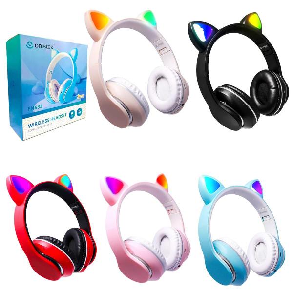 Imagem de Fone De Ouvido Bluetooth Gatinho Cartão Micro Rgb Rosa