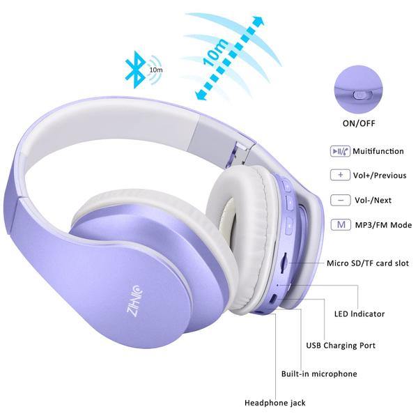 Imagem de Fone de ouvido Bluetooth ZIHNIC Over-Ear dobrável sem fio roxo