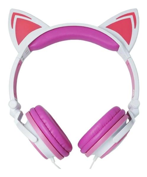 Imagem de Fone de ouvido Com Fio Orelha Gatinho com Leds Exbom HF-C22 branco e rosa.