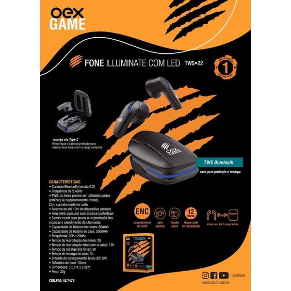 Imagem de Fone de Ouvido Gamer Bluetooth Com LED Azul OEX TWS22 Preto