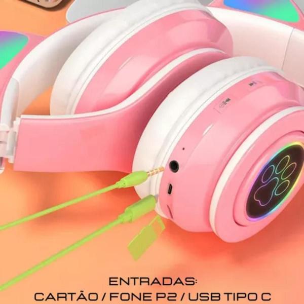 Imagem de Fone De Ouvido Gamer Over-Ear Sem Fio Barato Rosa Led